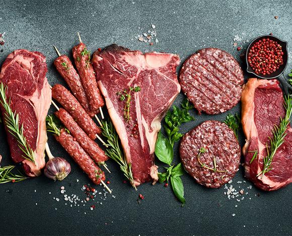 Selection of beef products including , steak, burgers, kababs and more